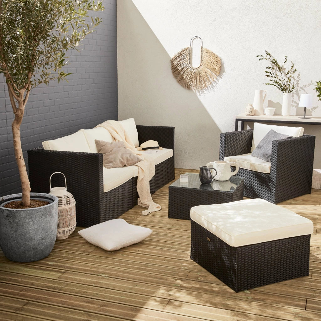 Salotto da giardino in resina intrecciata, 5 posti, nero