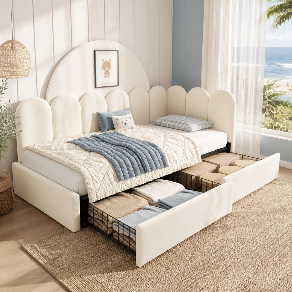 Letto imbottito con 2 cassetti 90x200 cm in velluto beige