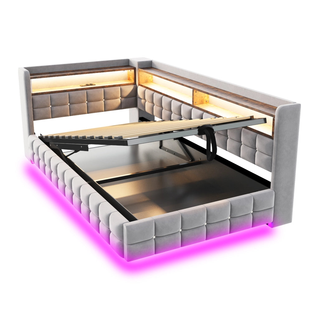 LETTO Contenitore 90x200 cm in velluto grigio chiaro con LED e prese USB/Type-C
