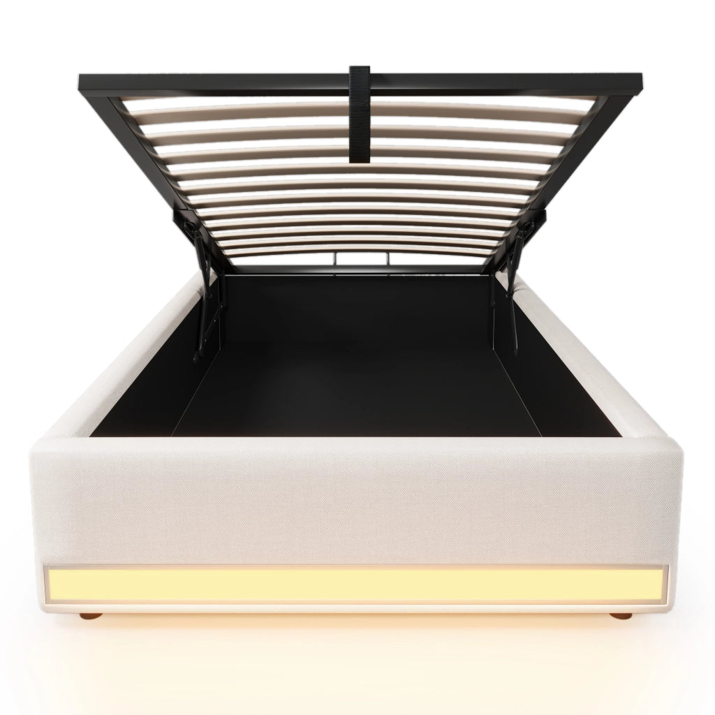 Letto imbottito 90x200 cm con LED, porte USB e Type-C, contenitore idraulico, beige