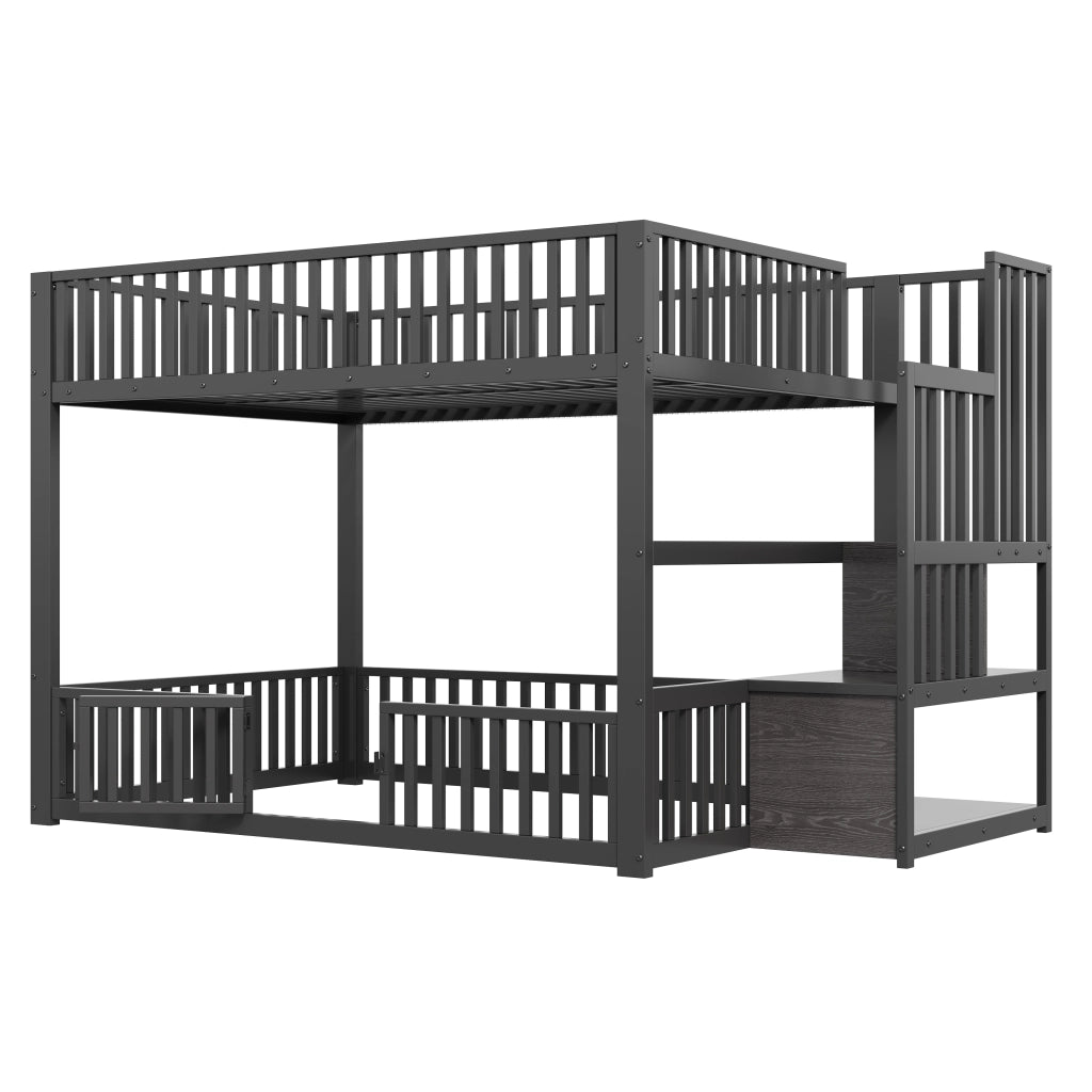 Letto a soppalco con LED - Zephmum- 140x200 cm, nero, scala con vano