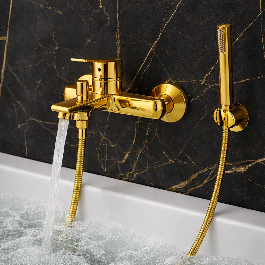 Rubinetto Miscelatore Vasca Bagno Oro Lucido da Parete + Deviatore Doccia 94014