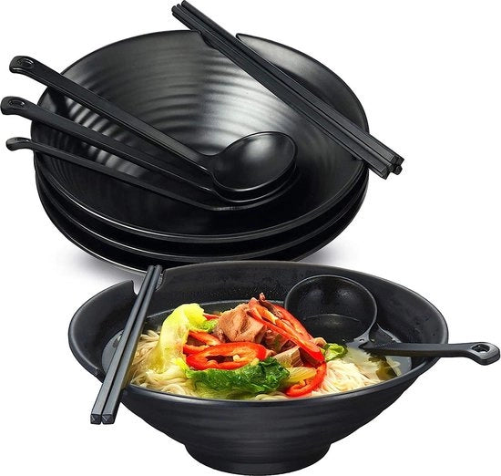 Set di 4 ciotole in ceramica giapponese, capacità 1000 ml, ciotole antiscivolo premium con cucchiaio e forchette, utensile multifunzionale per pasta, frutta, insalata di pasta, nero