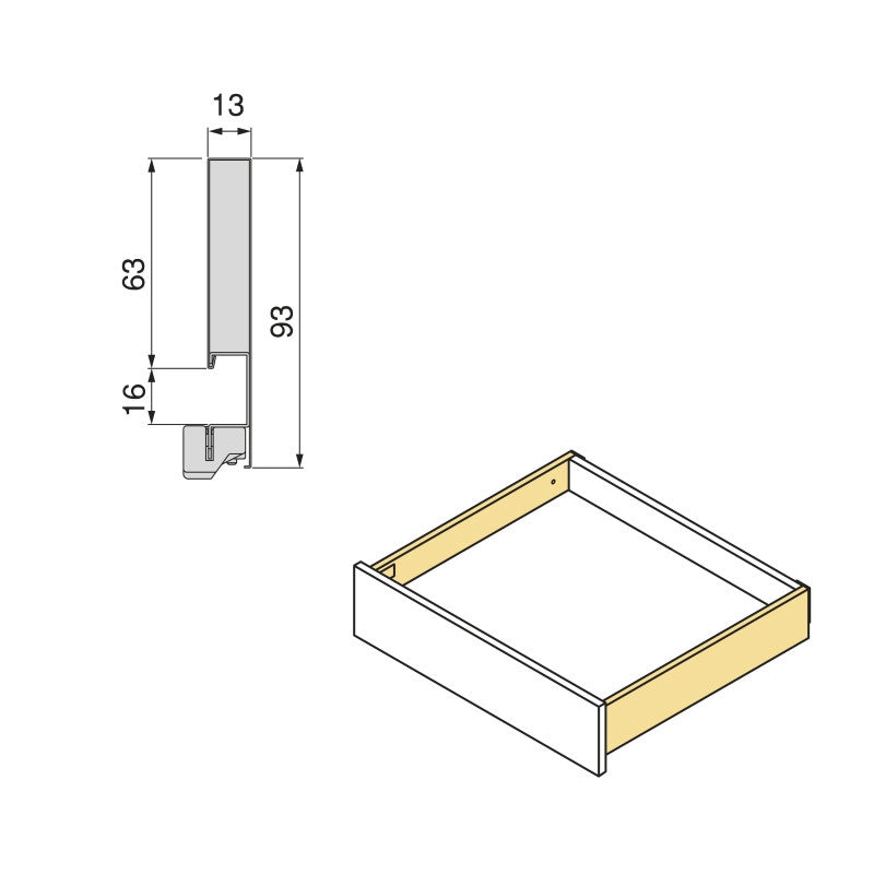 Cassetto esterno Vertex con regolazione 3D altezza 93mm, 40kg, profondità 350mm, Acciaio, Verniciato alluminio