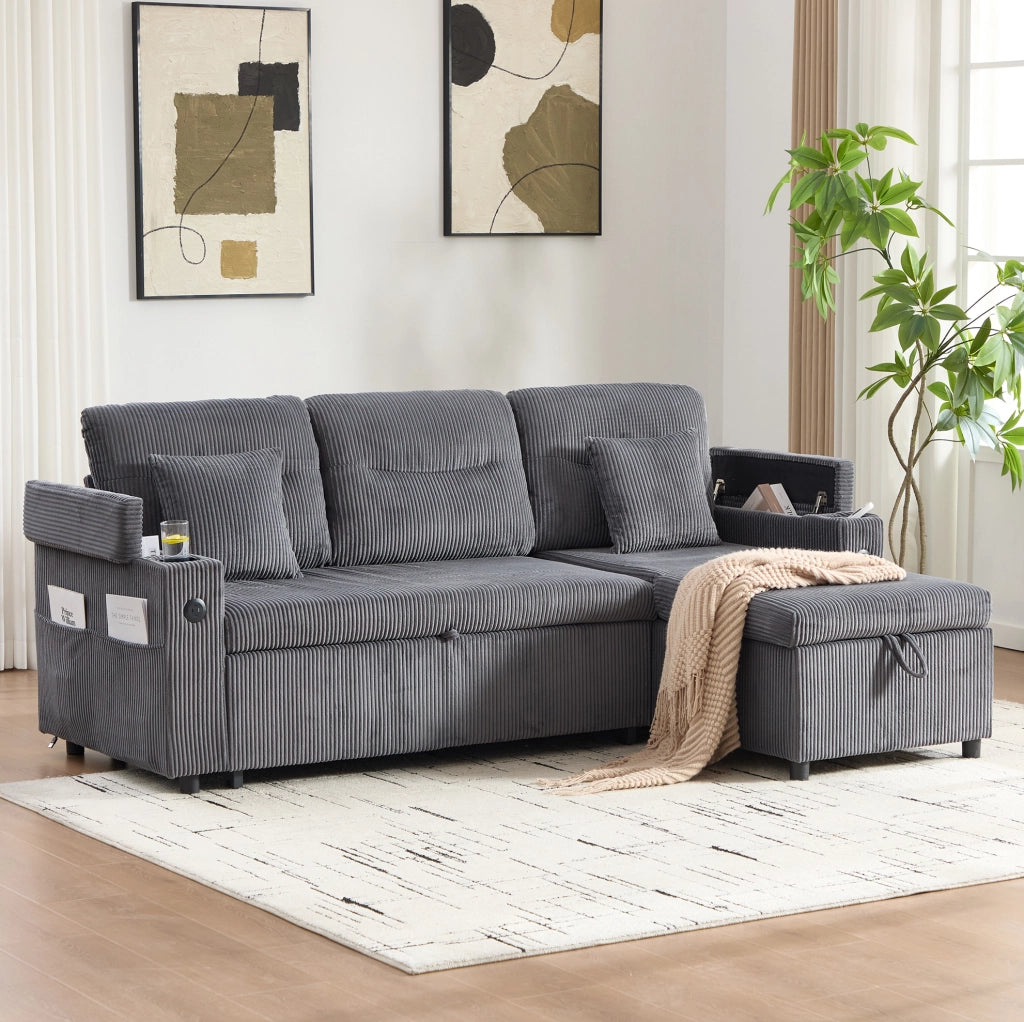 Divano letto 212.5x136x86 cm con penisola idraulica; letto estraibile in corduroy grigio carbone