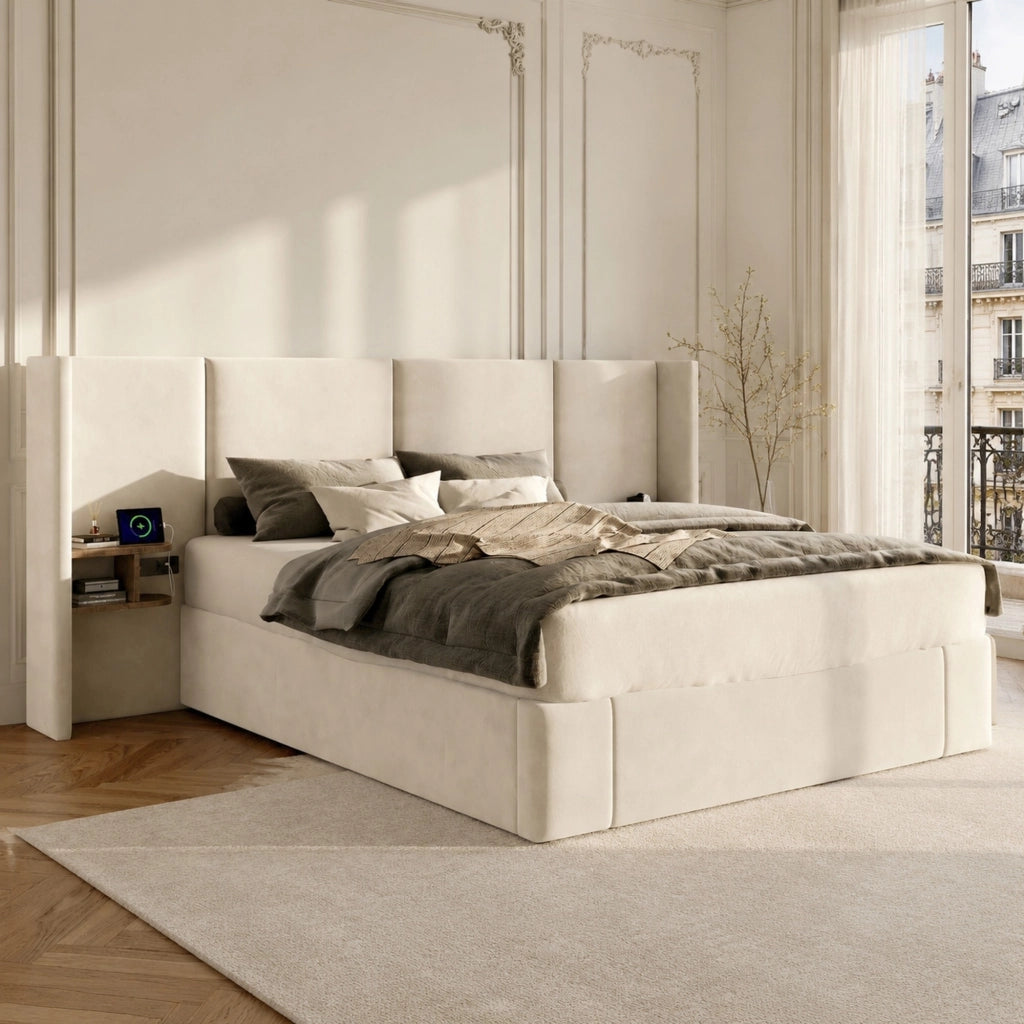 LETTO Contenitore 160x200 cm Velluto Beige con 2 comodini