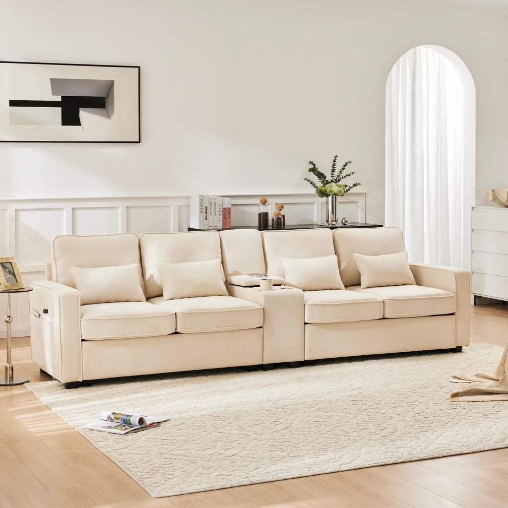 Sofa moderno 4 posti - Zephmum- Tessuto lino con console, porta bevande, USB, tasche braccioli