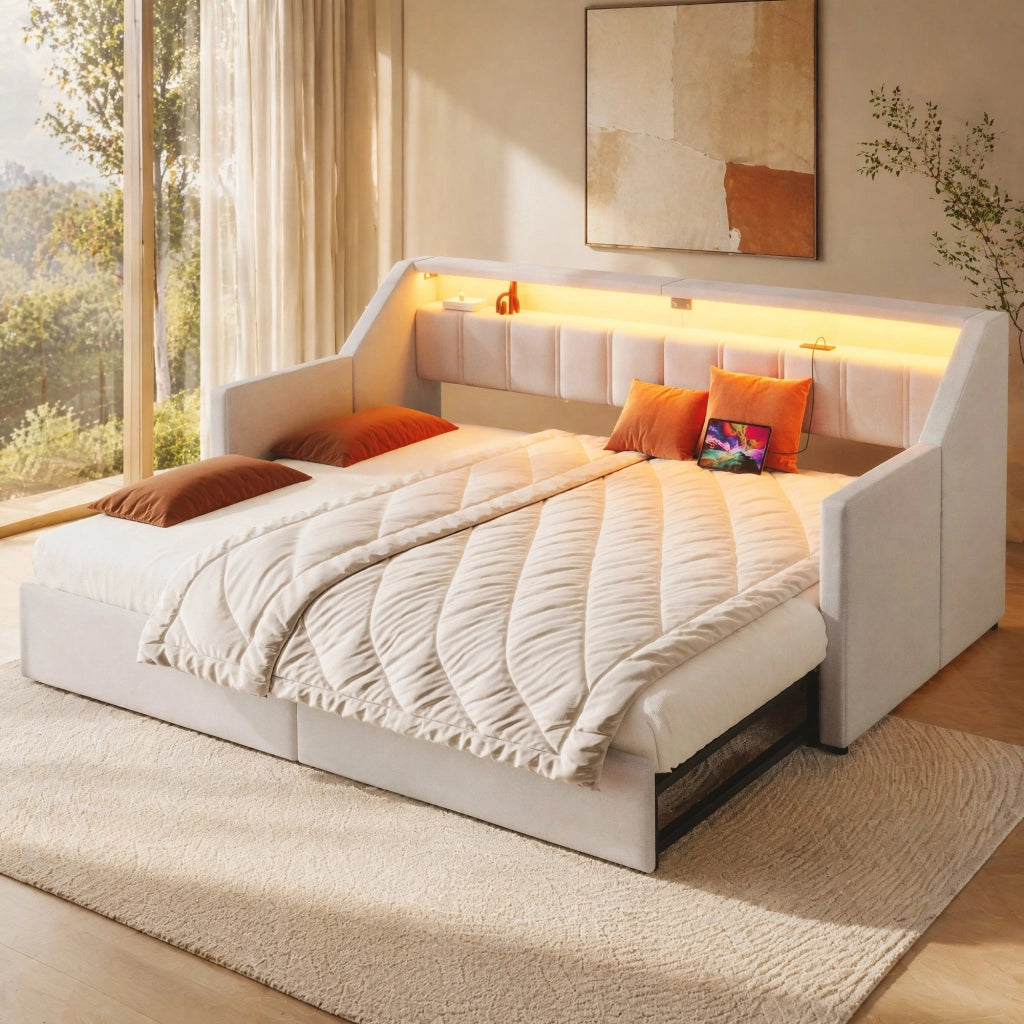 LETTO Estraibile 90x200 cm Beige in lino e MDF con USB e Type-C