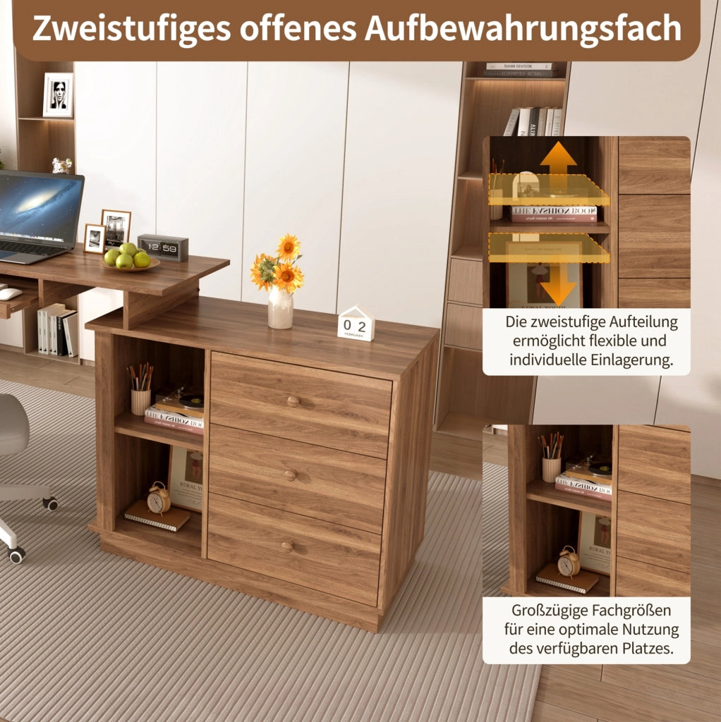 Scrivania multifunzione estensibile con 3 cassetti e 2 vani aperti; 110 cm; MDF color noce