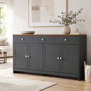 Credenza rustica a 4 ante e 3 cassetti, 160 cm, colore legno e grigio-nero