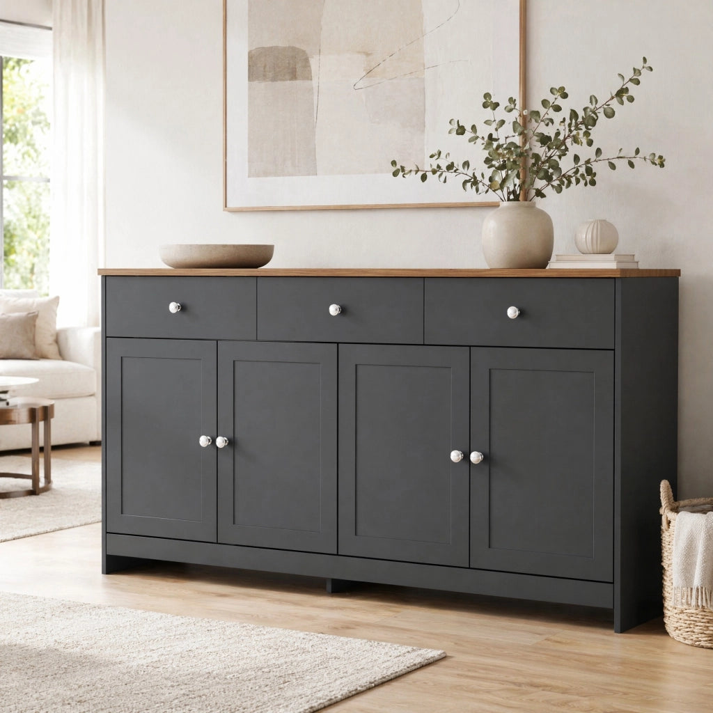 Credenza rustica a 4 ante e 3 cassetti, 160 cm, colore legno e grigio-nero