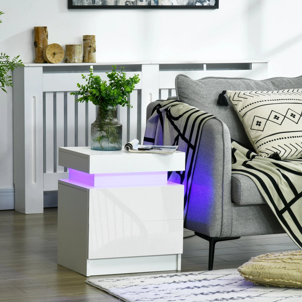 Comodino con Luci LED e 2 Cassetti ¨C Minimal ¨C Bianco Lucido 45x35x52 cm