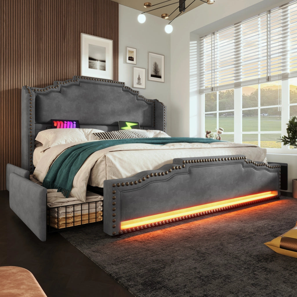 Letto imbottito 160x200 - Zephmum - 4 cassetti, LED, USB-C, velluto grigio