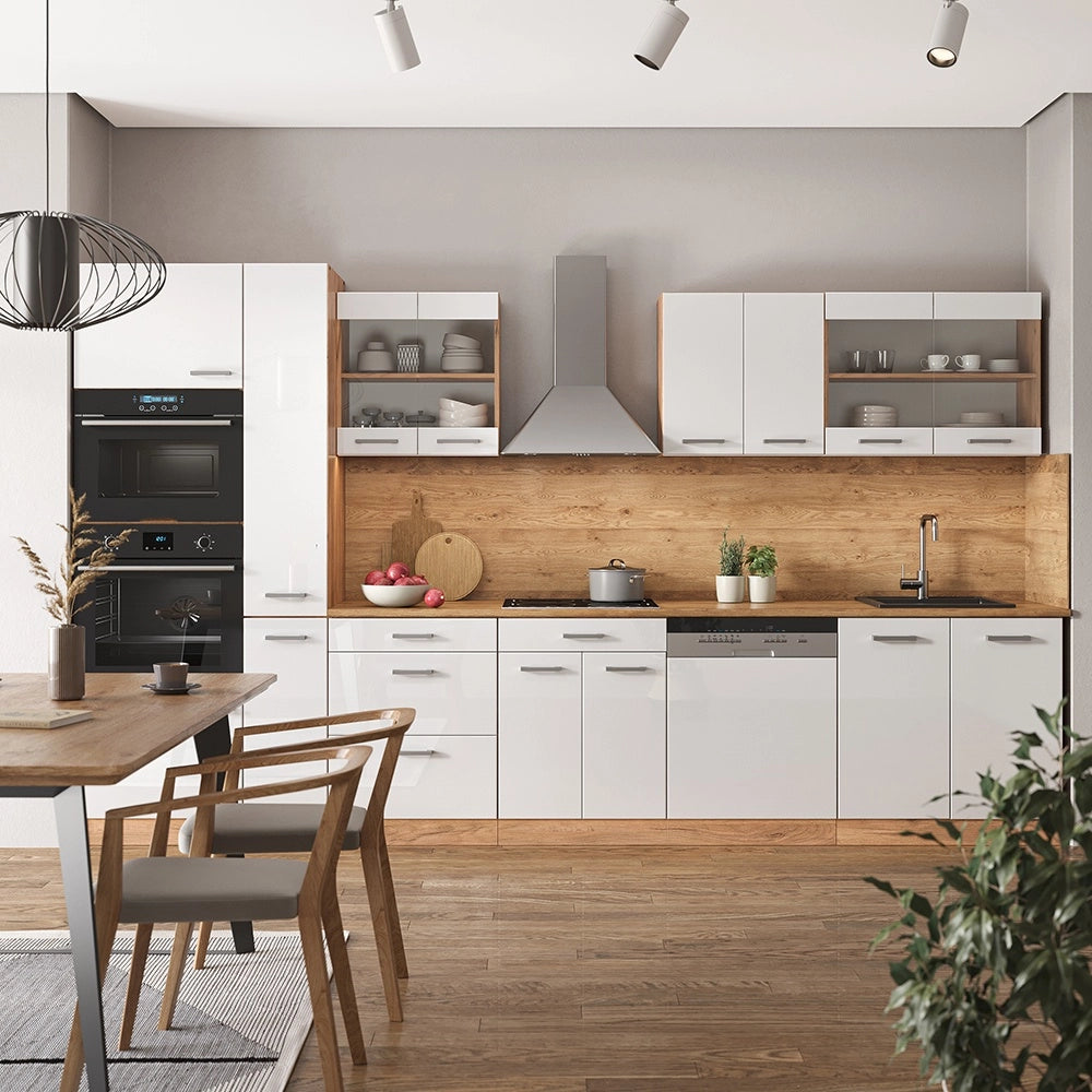 Angolo cottura R-Line Bianco lucido/Rovere dorato 350 cm con armadio alto, PL Rovere Vicco