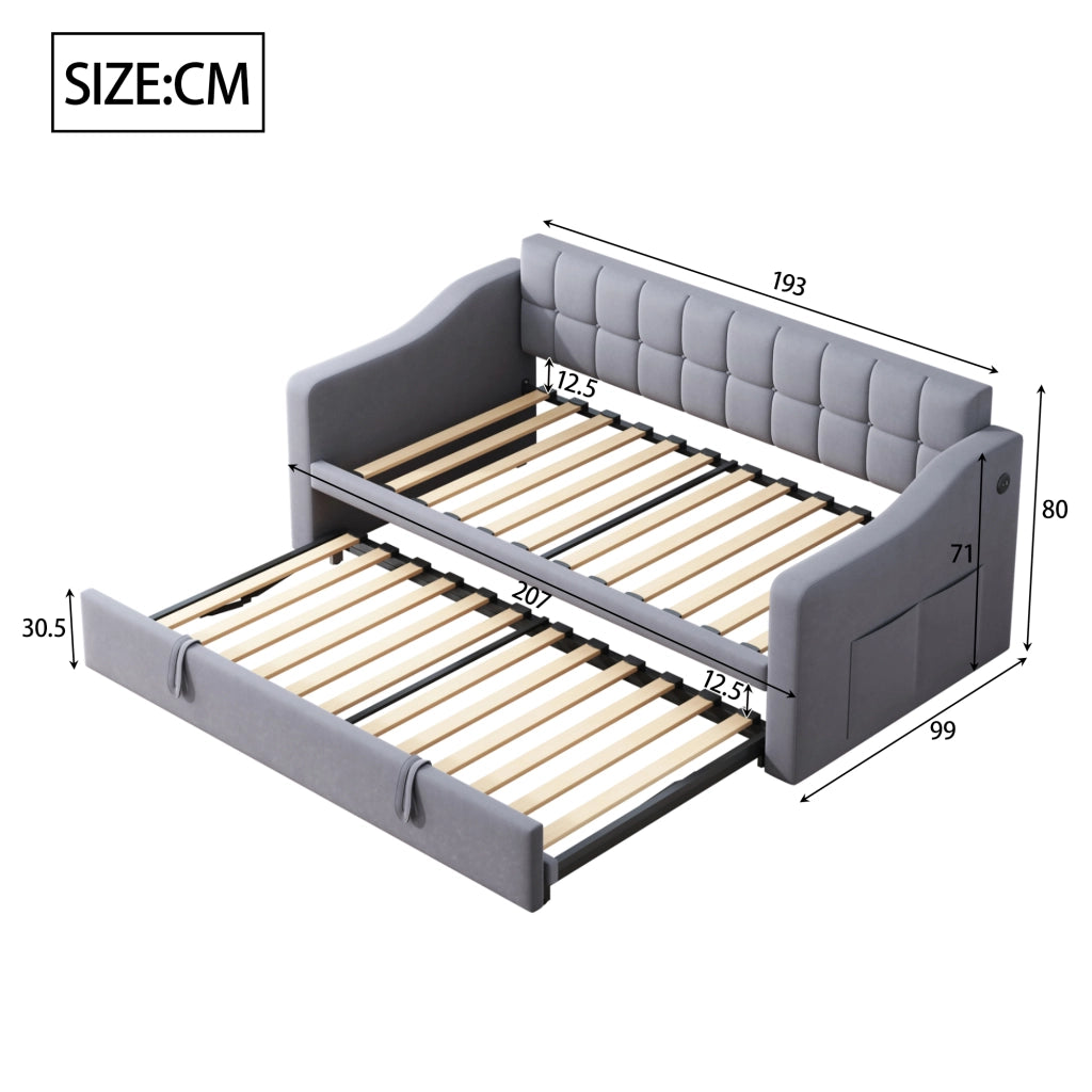 LETTO Estraibile 90x190 cm in Velluto Grigio con porte USB