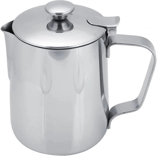 Bicchiere in Acciaio Inossidabile - Cappuccino - Mescita per Latte - Vaschetta con Coperchio - 350ml - Uscita Senza Gocciolamento - Vaschetta per Latte
