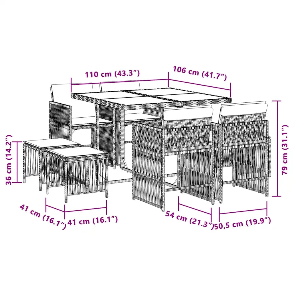 Set Pranzo da Giardino 9 pz con Cuscini Beige Misto Polyrattan