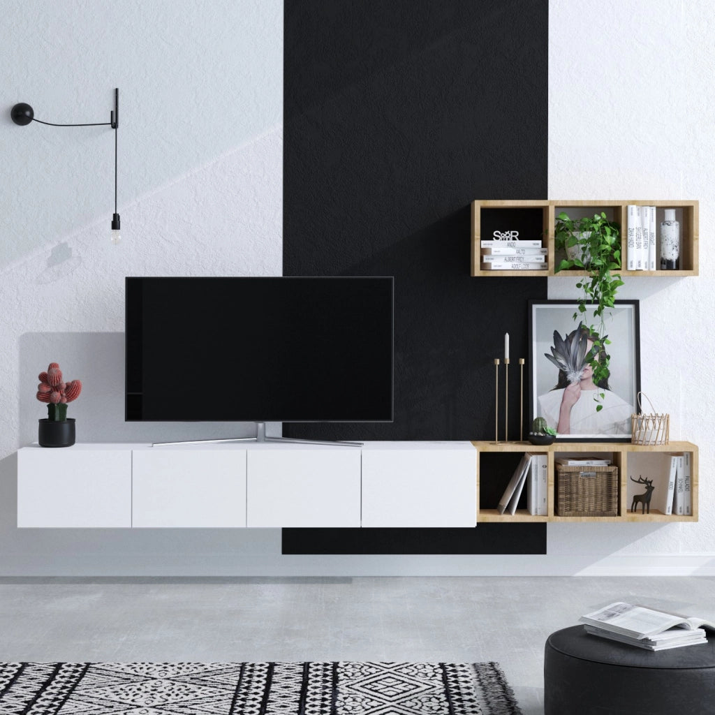 Mobile TV sospeso "Pia" con ripiano in legno - 215 x 32 x 25 cm - Bianco