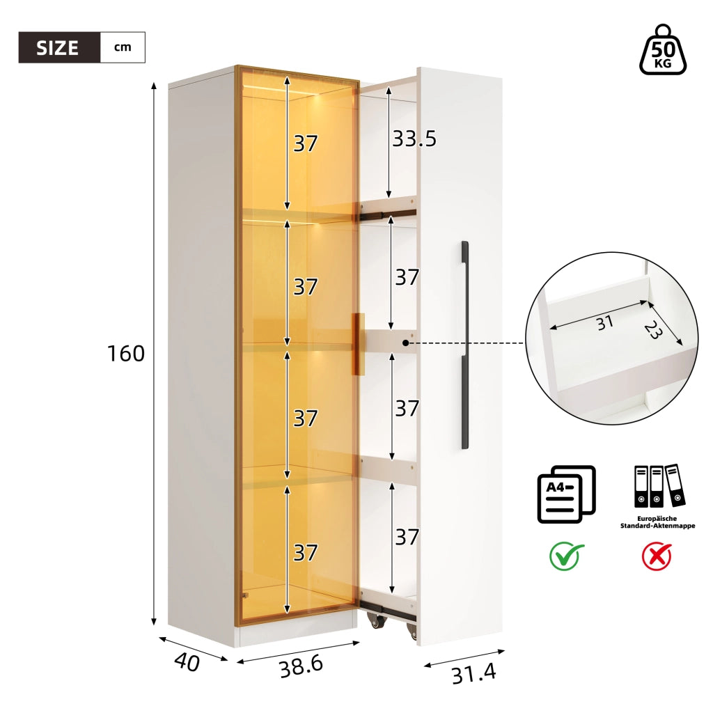 Vetrina con LED integrato e modulo laterale estraibile 70x40x160 cm in MDF bianco