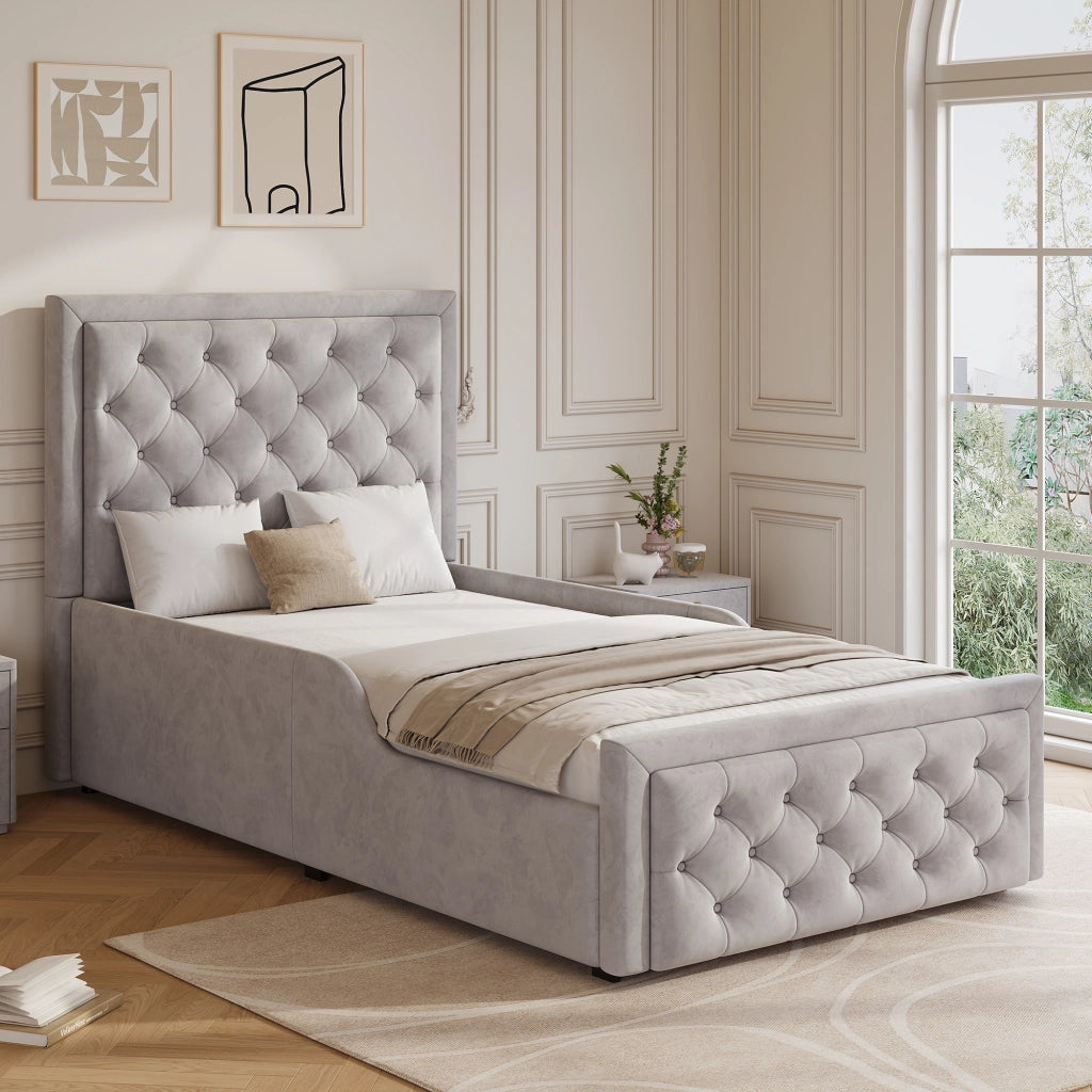 LETTO imbottito 90x200 cm con contenitore idraulico, velluto grigio