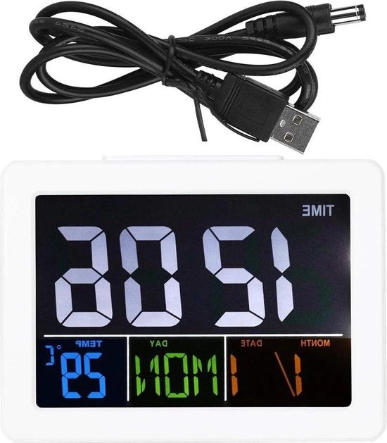 Alarme digitale con schermo LCD e grande visualizzazione della temperatura e dell'ora.