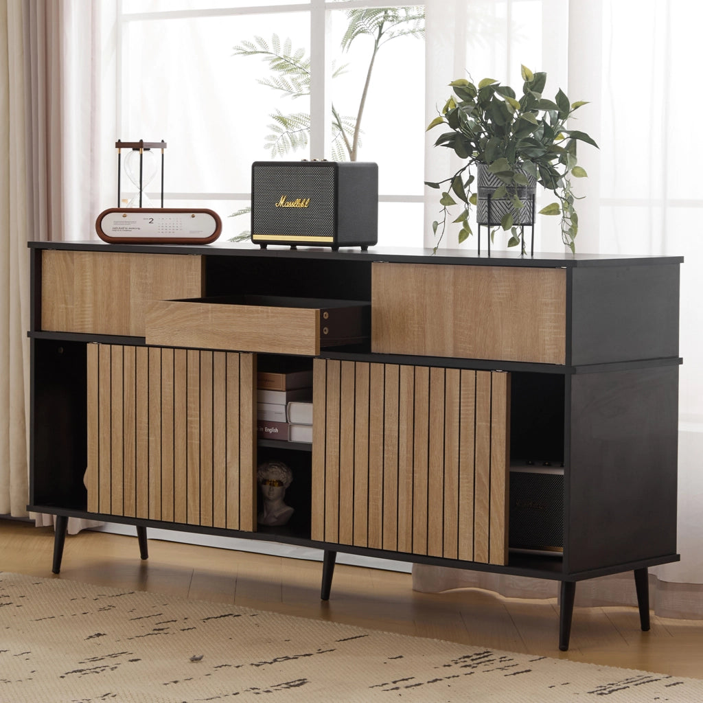 Credenza con 4 ante scorrevoli, 1 cassetto e ripiani regolabili per soggiorno, nero e naturale, 160 × 40 × 80 cm