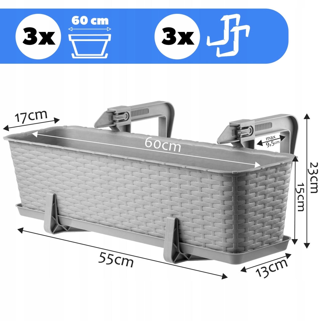 KADAX Fioriera da balcone 60 cm, supporto per vaso, manici (3 pezzi)