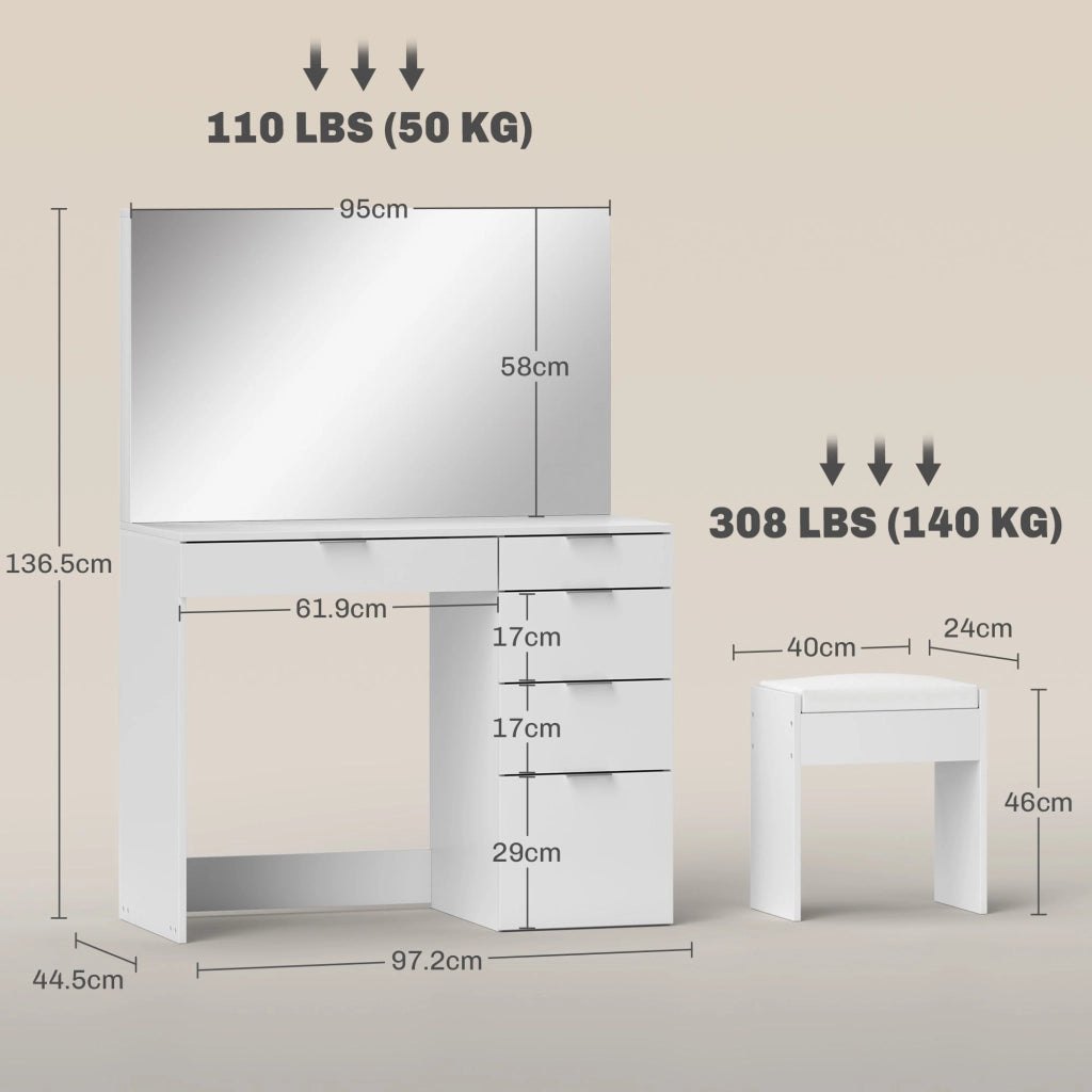 Consolle Trucco con Specchio 5 Cassetti e Sgabello 97,2x44,5x136,5 cm Bianco