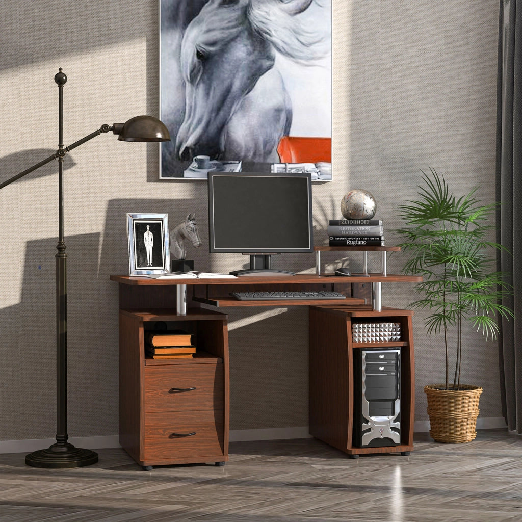 Scrivania per Computer con Cassetti e Libreria ¨C Minimal ¨C Marrone, Legno, 120x55x85cm