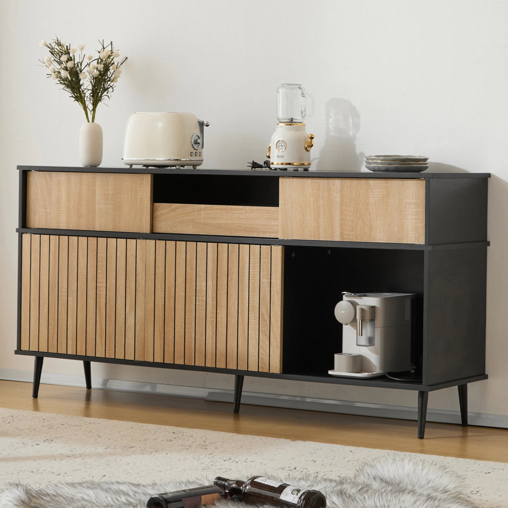 Credenza con 4 ante scorrevoli, 1 cassetto e ripiani regolabili per soggiorno, nero e naturale, 160 × 40 × 80 cm