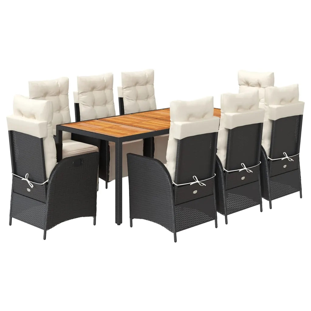 Set da Pranzo da Giardino 9 pz con Cuscini Nero in Polyrattan