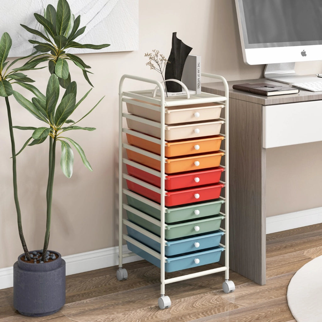 Carrello cassettiera multiuso con 10 cassetti da cucina, Contenitore con ruote a 10 ripiani per bagno Colorato 2