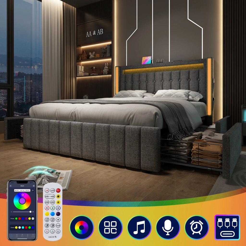 LETTO in lino 160x200 cm grigio con USB, LED e 4 cassetti