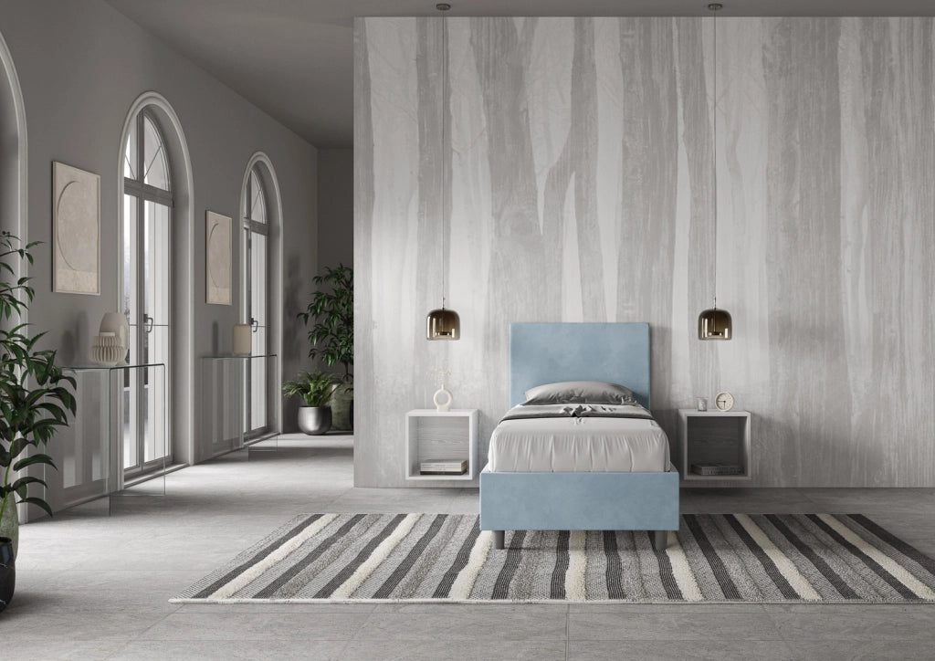 BS COM Letto singolo contenitore imbottito 80x190 microfibra azzurro