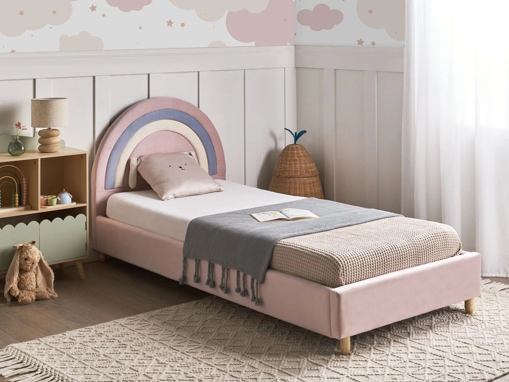 Letto moderno in velluto rosa per bambini con base a doghe Cameretta Moderna