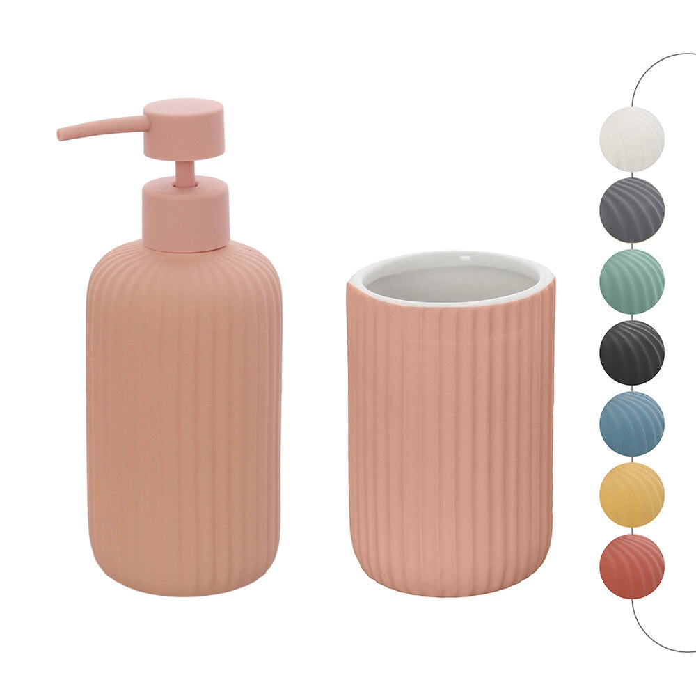 Set accessori bagno in ceramica rosa con dispenser sapone e due portaspazzolini Spring