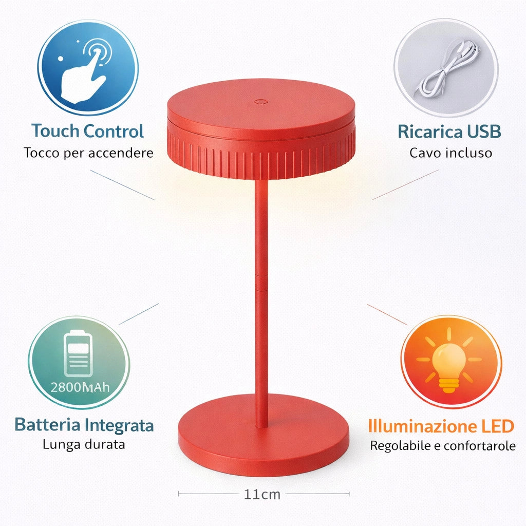 LAMPADA DA TAVOLO LED RICARICABILE TOUCH USB 2000MAH DESIGN MODERNO ROSSO LPT146