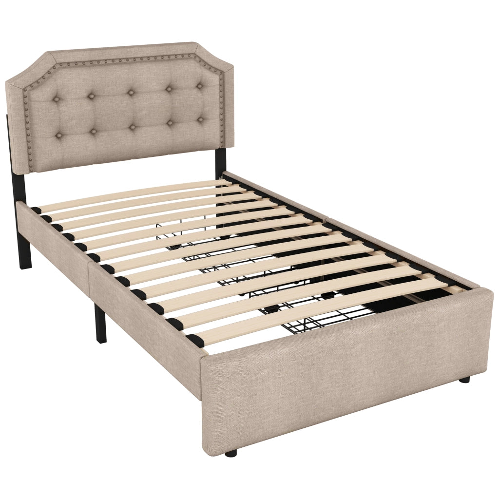 Letto singolo a profilo basso 90x200cm con montanti decorativi e cassetti doppi in beige scuro