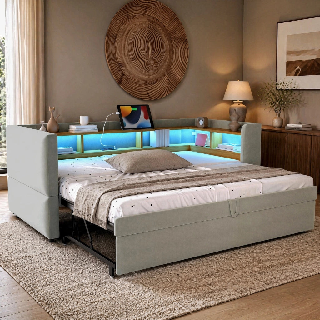 DIVANO LETTO Estraibile 90/180 x 190 cm Grigio Chiaro con LED e prese