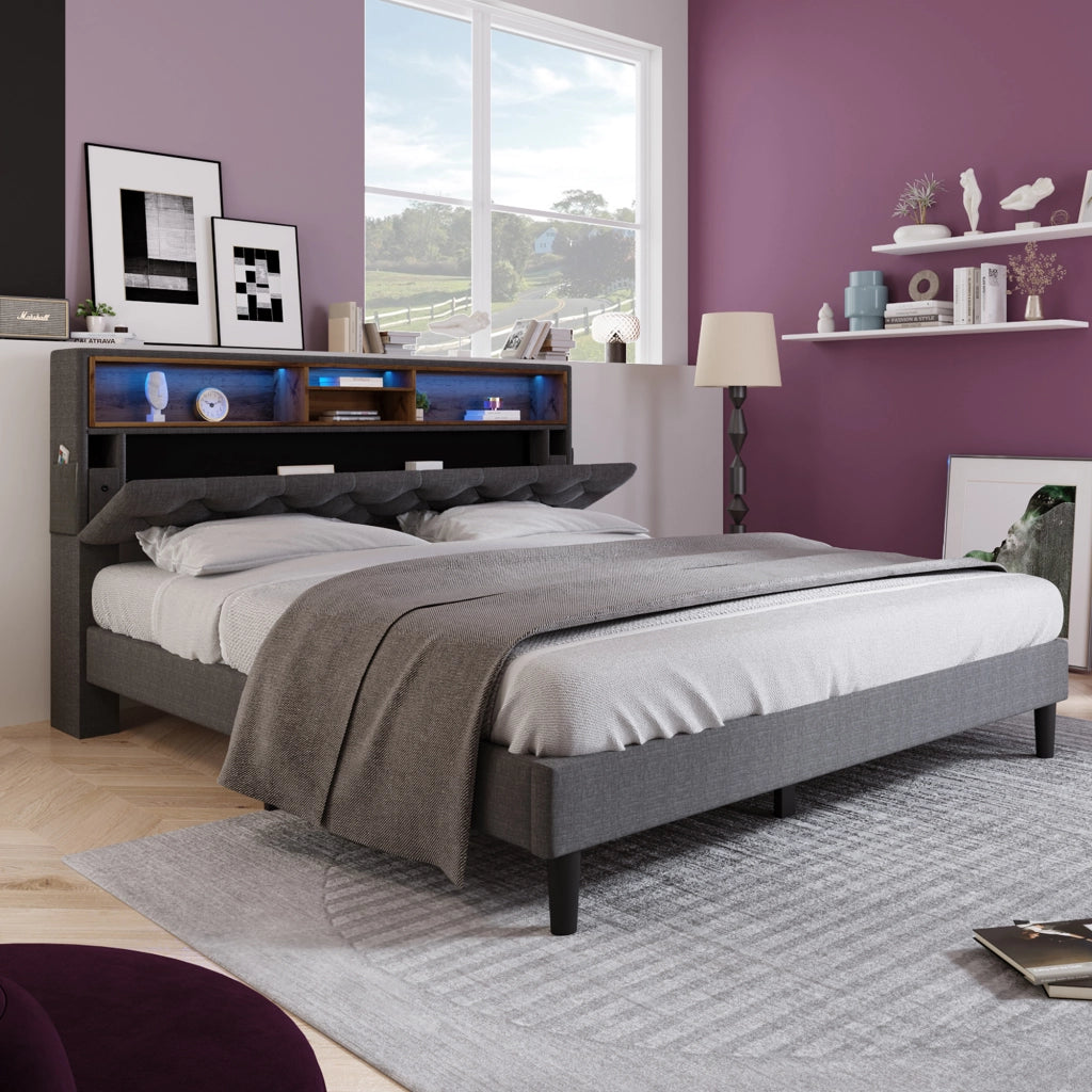 Letto matrimoniale imbottito 140x200 cm con testiera portaoggetti; LED e rete a doghe in legno; grigio