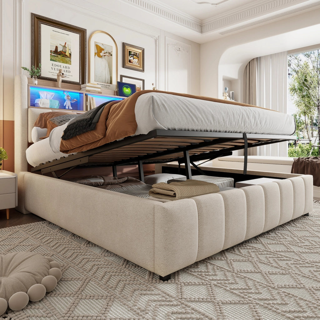 LETTO Imbottito 180x200 cm Beige con LED, USB e contenitore