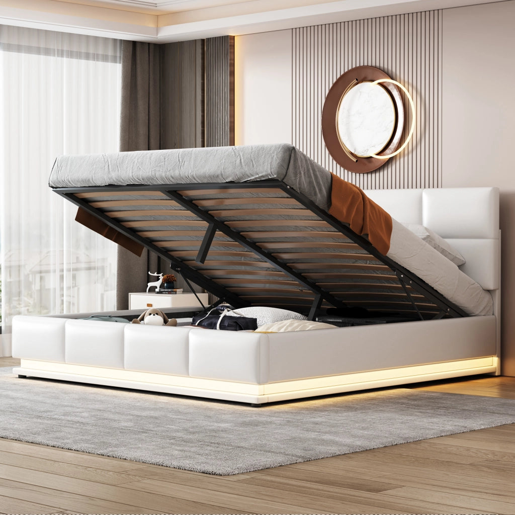 LETTO Imbottito 160x200 cm Bianco con LED e contenitore