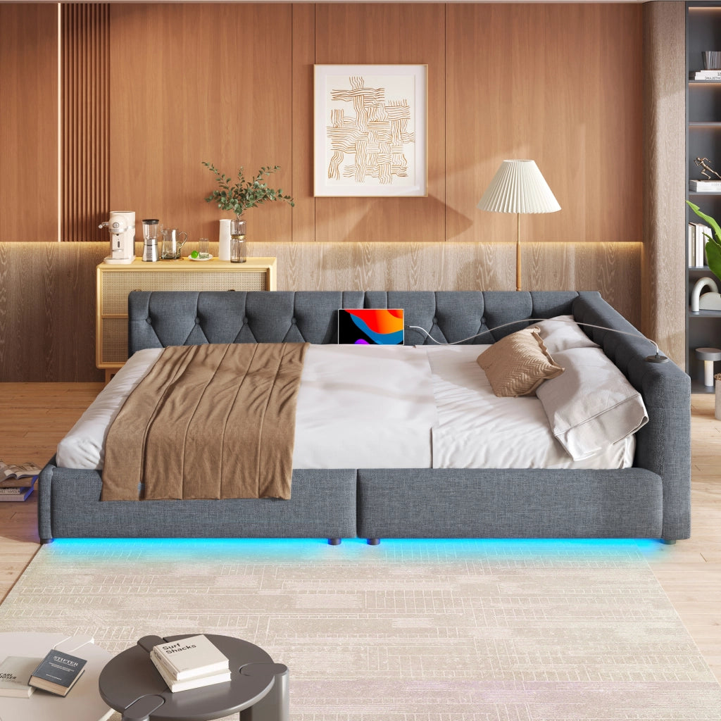 OKWISH Letto Divano 140×200 cm, Letto Matrimoniale con USB, Type C e LED Regolabile, senza Materasso, in Lino, Grigio
