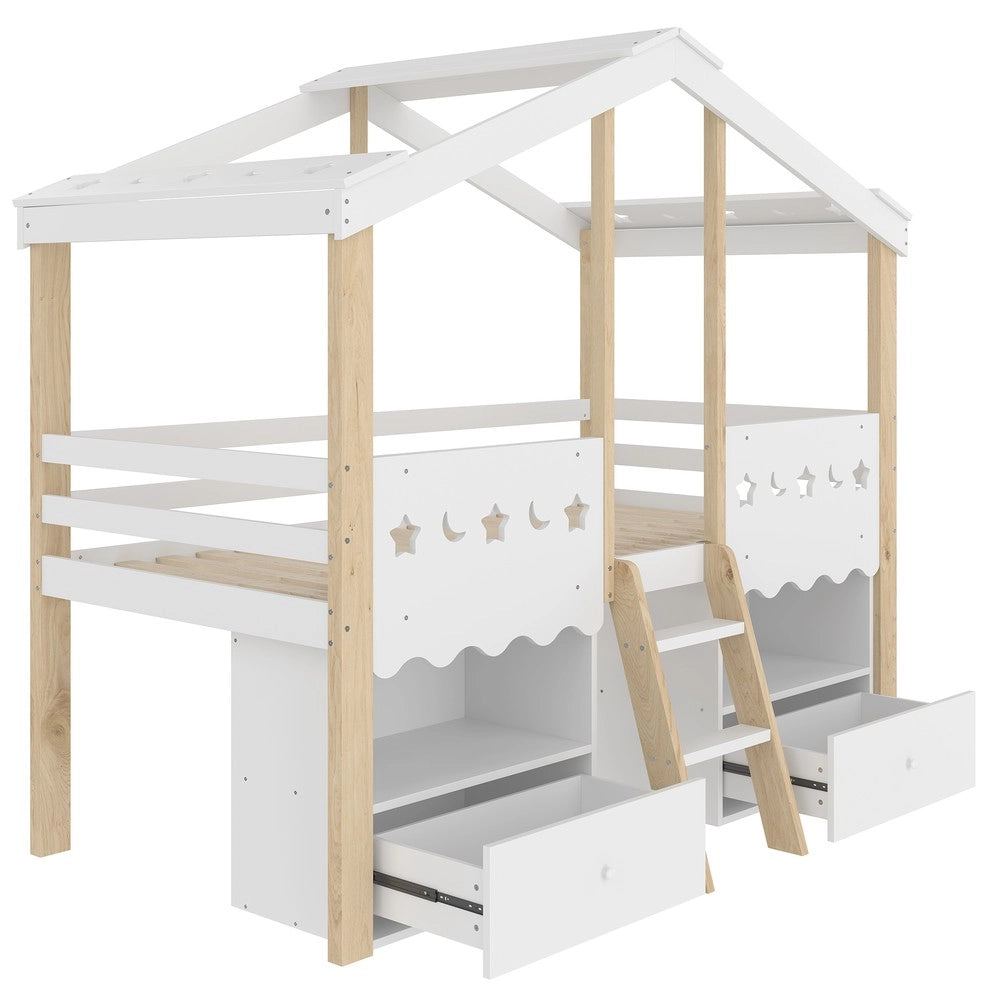 Letto a Soppalco con LED e Cassetti ¨C MINIMAL ¨C Bianco, 90x200 cm