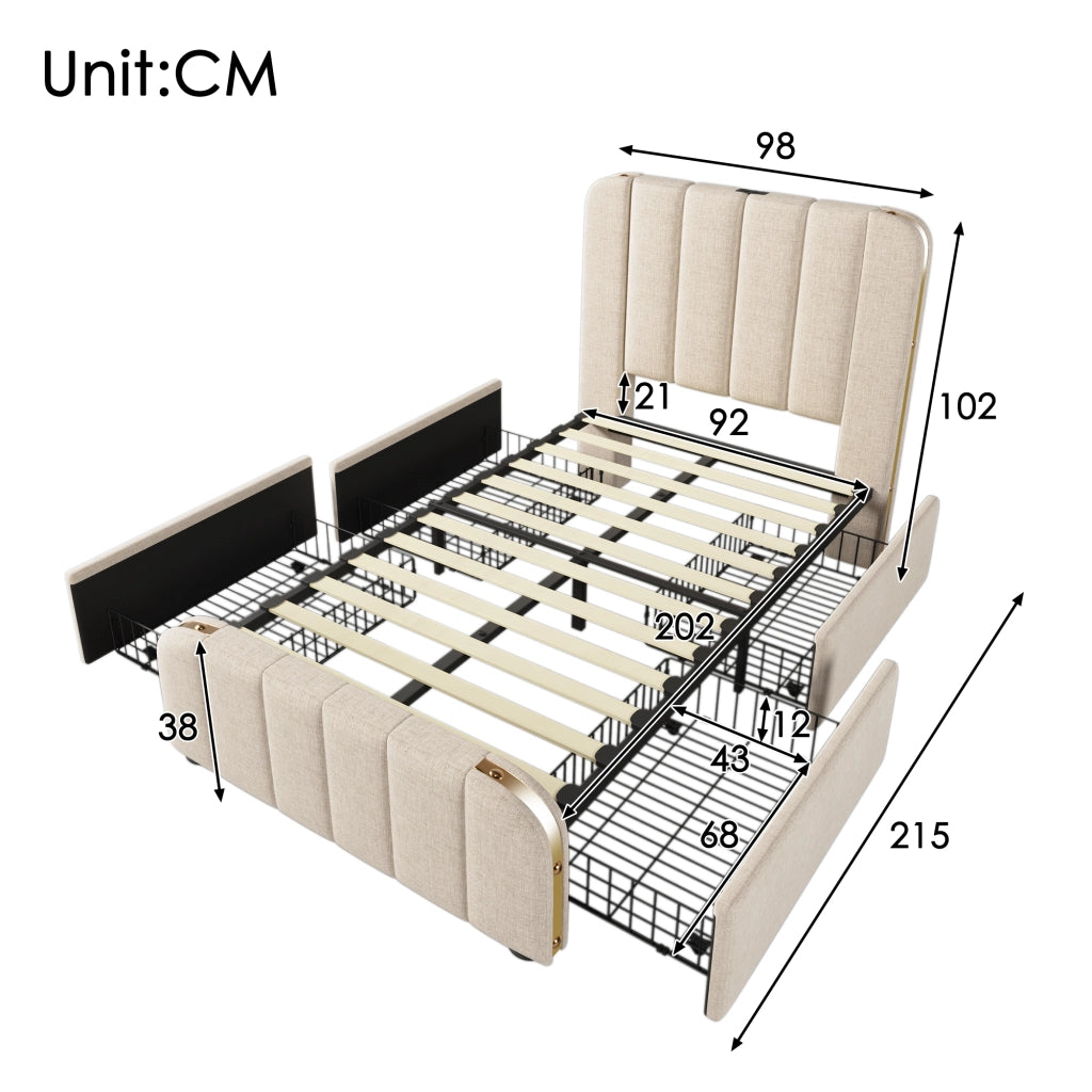 LETTO singolo 90x200 cm in lino beige con 4 cassetti e porta USB Tipo-C