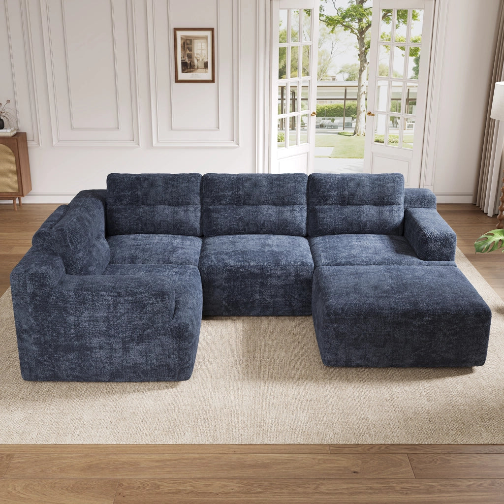 Divano modulare 5 posti con pouf e schienale alto in chenille blu 252 × 180 × 82 cm