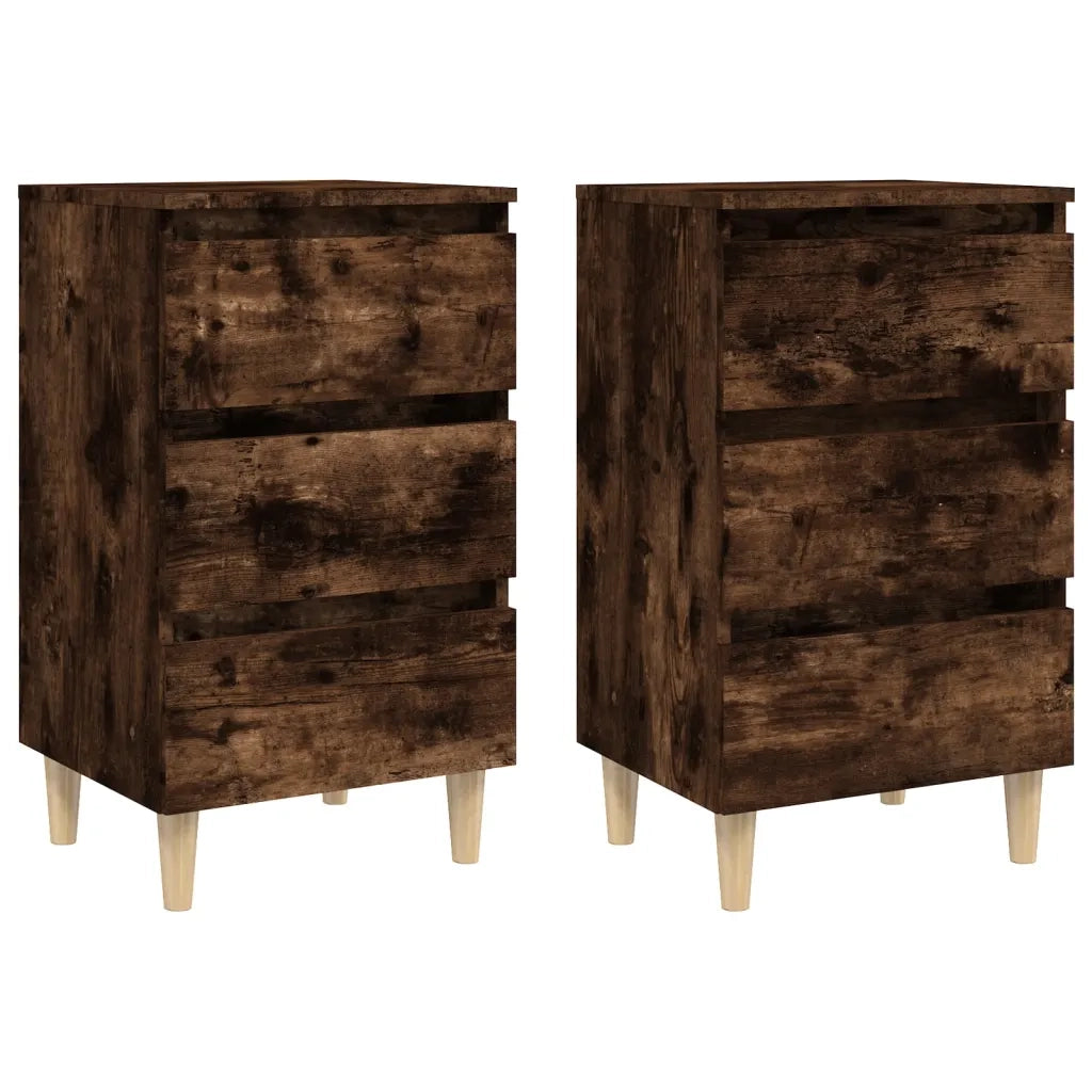 Set di 2 Comodini | Armadio da Notte | Mobiletto da notte con Gambe in Legno Massello Rovere Fumo 40x35x69cm