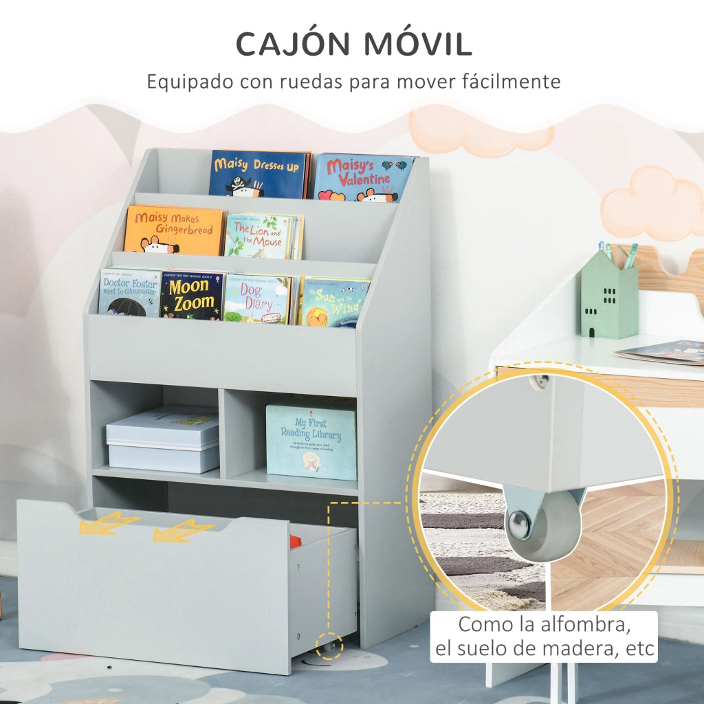 Libreria per Bambini con 3 Ripiani, 2 Cubi e Cassetti con Ruote ¨C Minimal ¨C 60x30x90 cm Grigio