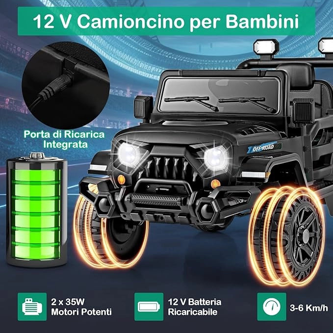 12V Macchina Elettrica per Bambini, Auto con Telecomando Luci LED Musica Clacson, 3 Velocità e 2 Motori, Veicolo Elettrico per Bambini 3+ Anni (Nero)