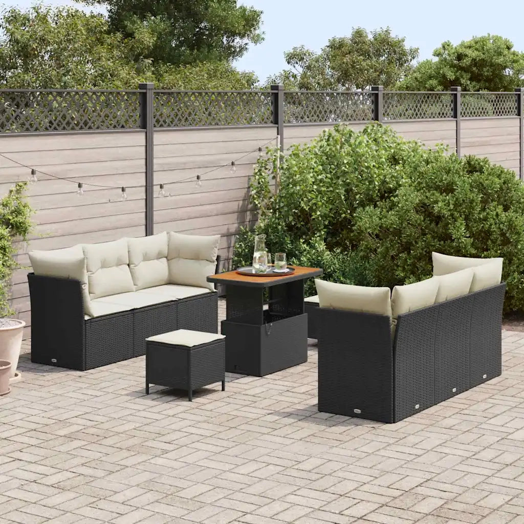 Set Divano da Giardino con cuscino 9 pcs Nero polyrattan